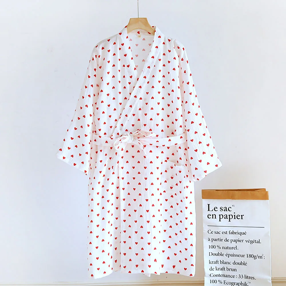 Crape Love Print Women Nightgown With Belt Cardigan Four Seasons Thin Night-Robe 2024 New V-Neck Long Sleeve Female Home Pajama