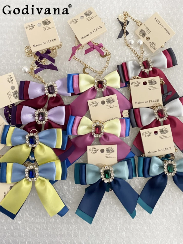 Japanese Fashion All-Match Women's Handmade Accessories Sweet Cute Bow Diamonds Metal Decorative Chain Luggage Accessories