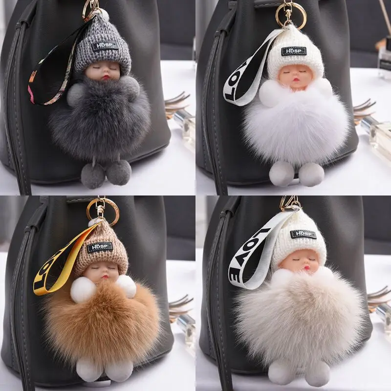 

Cute Plush Keychain Sleeping Baby Doll Keychain Plush Accessories Pompom Keyring Toys for Girls Kawaii Keychain Bag Pendant