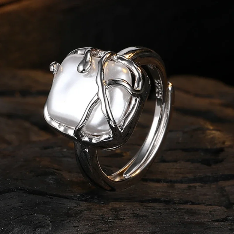 Baroque Square Ring Or Women S925 Sterling Silver Pearl Niche Design Fashionable And Personalized Index Finger Bracelet