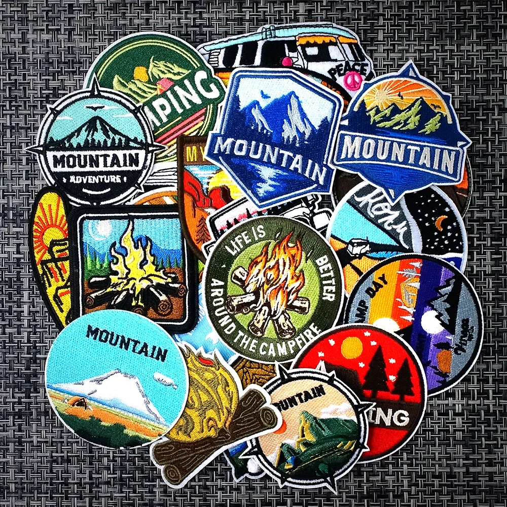 

22Pcs/Lot Mountain Camping Camp Day Iron on Patches Cloth Embroidered Applique Sewing Clothes Apparel Accessories Mend Patch