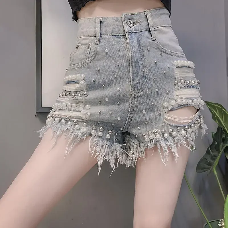 Shiny Women Beaded Denim Shorts High Waist Fashion Cowboy Shorts Street Punk Harajuku Female Rhinestone Tassel Jeans Shorts y2k