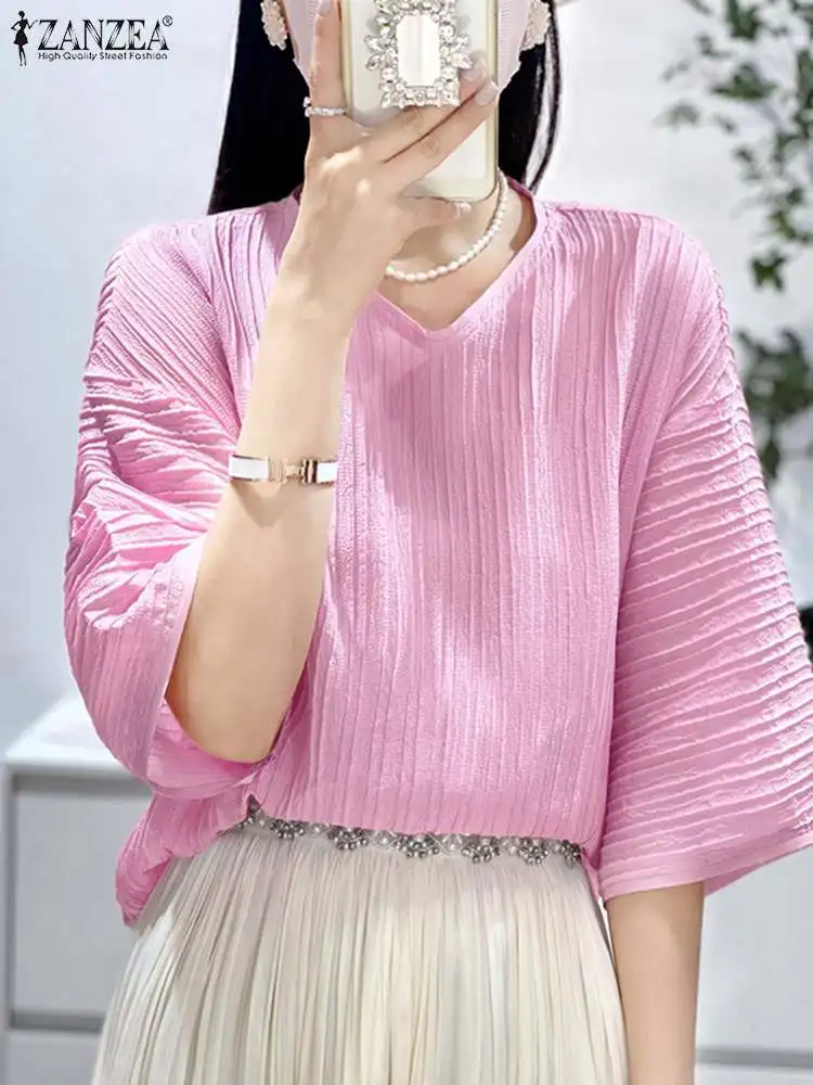 

Женская элегантная однотонная Рабочая Рубашка ZANZEA, модные женские топы, праздничные блузы, Летняя Повседневная Блузка с V-образным вырезом и рукавом 3/4