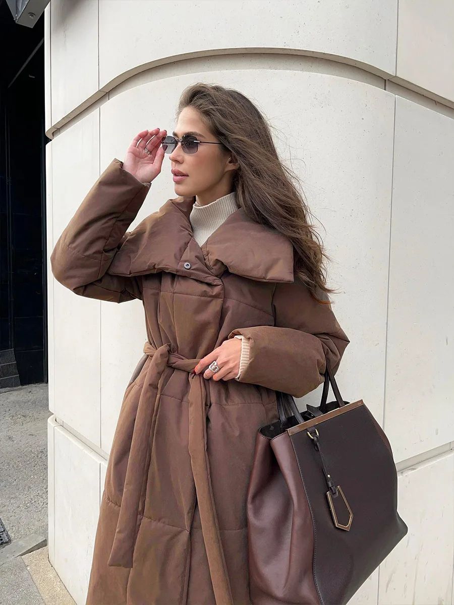 Winter Female Parkas Outwear Loose Lace-Up High Waist Long Sleeve Pocket Lapel Bandage Coat For Women Solid Parkas