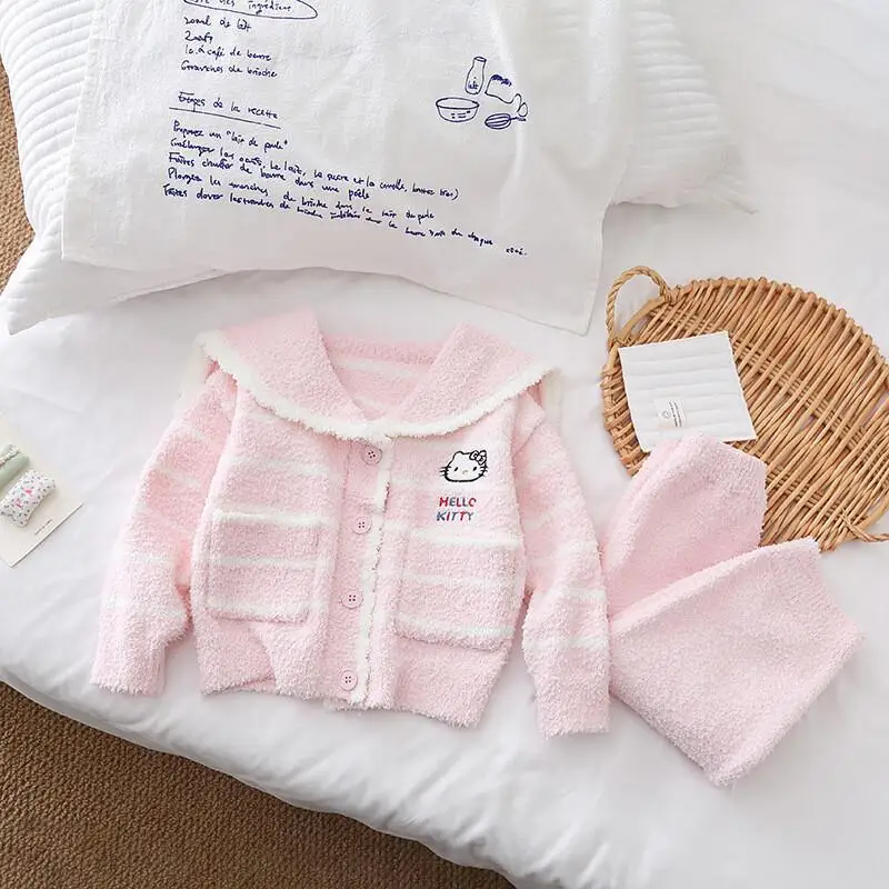 여아용 반벨벳 잠옷 가을/겨울 2025 신상 여아용 스트라이프 가디건 투피스 세트 두꺼운 아동용 홈웨어 용