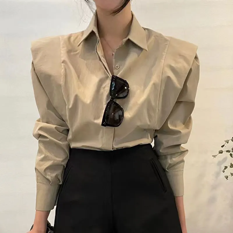 

Korean chic spring vintage simple concealed buckle design and patchwork ruffle edge loose long sleeved shirt top for women