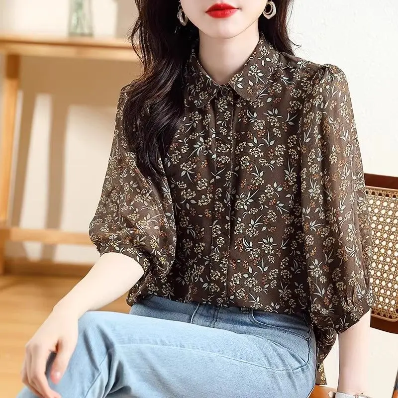 Vintage Loose Printed Button Chiffon Shirt Women's Clothing Summer Fashion Casual Female 3/4 Sleeve Turn-down Collar Blouse