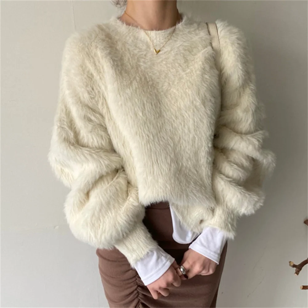 

Alien Kitty Elegant Women Sweaters 2023 Faux Mink Hair Winter Warm Mujer Pullovers Solid Chic Casual Knitted Slim New Loose