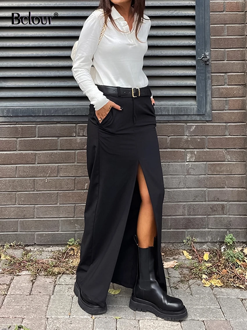 Slit Skirt Sexyelegant Solid Black Midi Skirt For Women - Autumn Office &  Party Wear