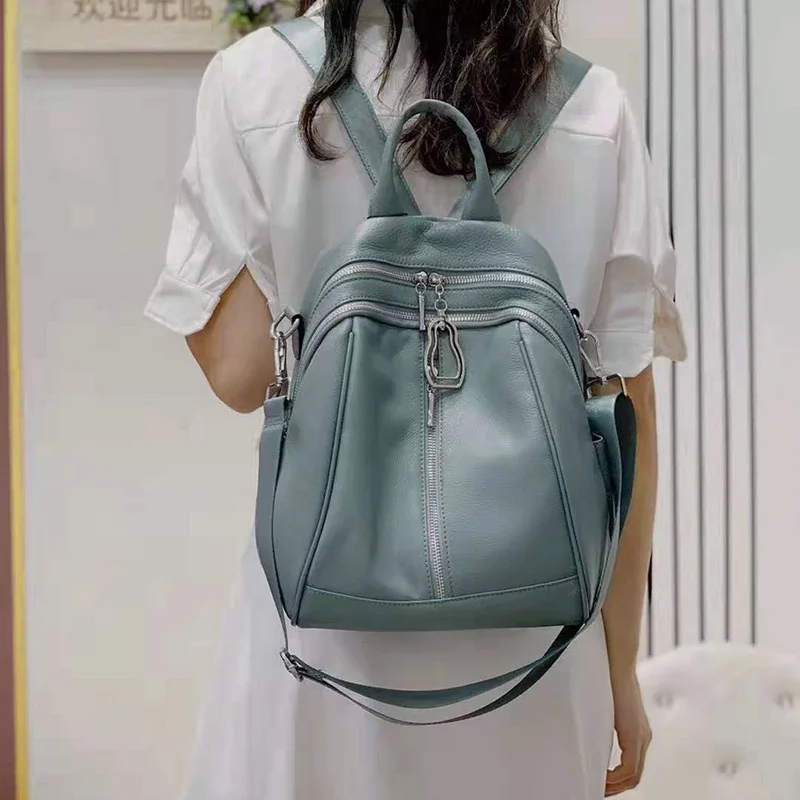 2022 NEW Silver Hardware Genuine Leather Women's Backpack Nature Calfskin Cowhide Large Capacity White Apricot Knapsack Rucksack 