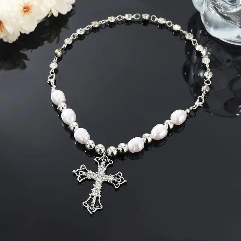 1pcs Faux White Gold-color pendant necklaces Hip Hop Punk Cross Pendant Handmade Wear Faux Pearls Colla