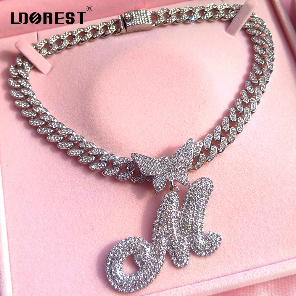 

Men Women 13MM Miami Cuban Link Chain Iced Out Crystal Butterfly Letters Initials Pendant Necklaces For Women Hip Hop Jewelry