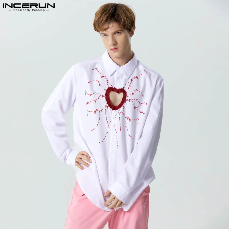 

INCERUN Tops 2023 Handsome Well Fitting Men Splicing Hollow Love Heart Shirts Casual Personality Long Sleeved Lapel Blouse S-5XL