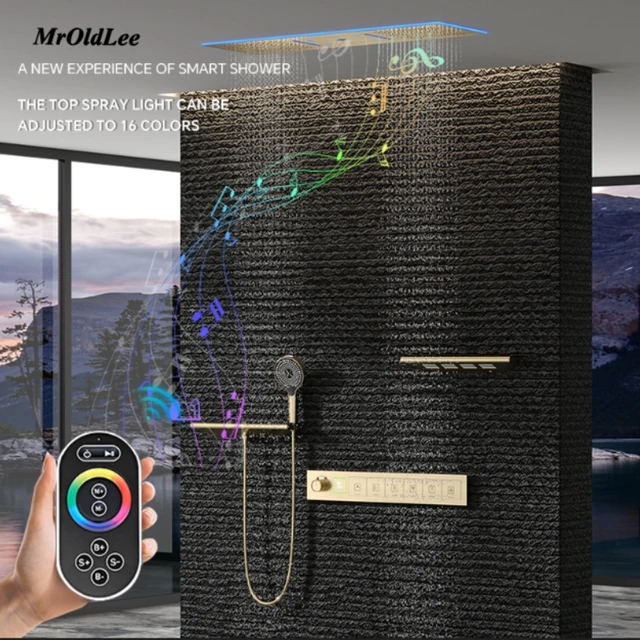 ชุดฝักบัวเพดานหรูหรา ระบบควบคุมอุณหภูมิแบบฝังในตัว ทำจากทองเหลือง พร้อมหน้าจอดิจิตอล ระบบไฮโดรเจเนอเรเตอร์ ฟังก์ชั่นฝนตก ไฟส่องสว่าง และบลูทูธ 1