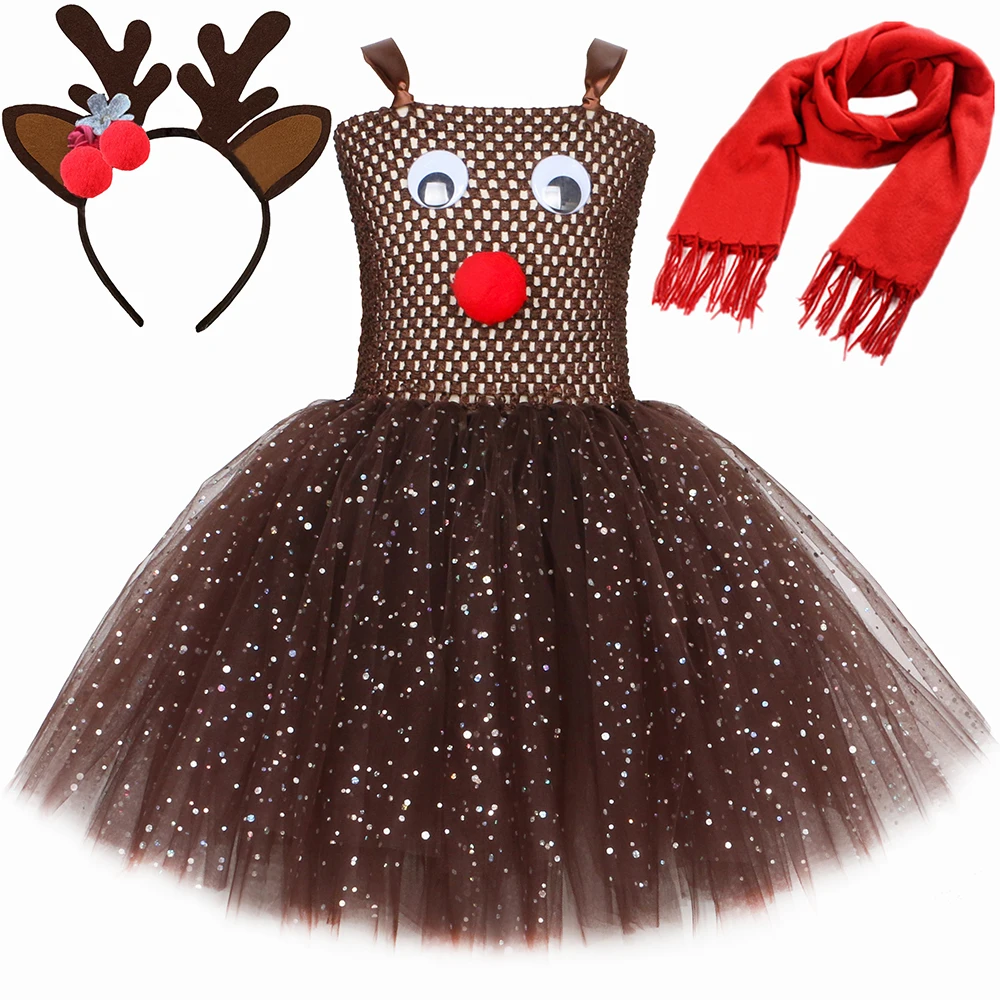 

Sparkling Red-Nosed Reindeer Costumes for Girls Christmas Deer Tutu Dress Kids New Year Carnival Party Outfit Rudolph Clothes