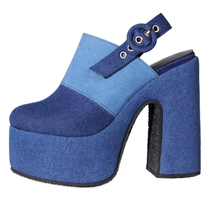 

Luxury Brand Design Mixed Colors Denim Sandals Catwalk Pumps Chunky High Heel Buckle Wrap Toe Women Platform Sandals Party Proms