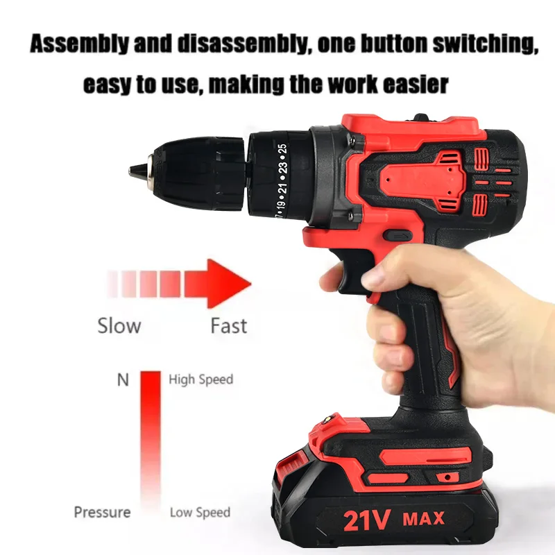 21V Electric Drill Brush Motor 2 Speed Control Stepless Speed Regulation Rotation Ways 25 Gears Torques Adjustable Lithium Drill 2