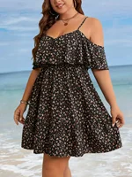 Plus Size 1XL-5XL Women's Elegant Floral Print Off Shoulder Ruffle Edge Dress Ladies Summer Beach Short Sleeved Dress - Image 3