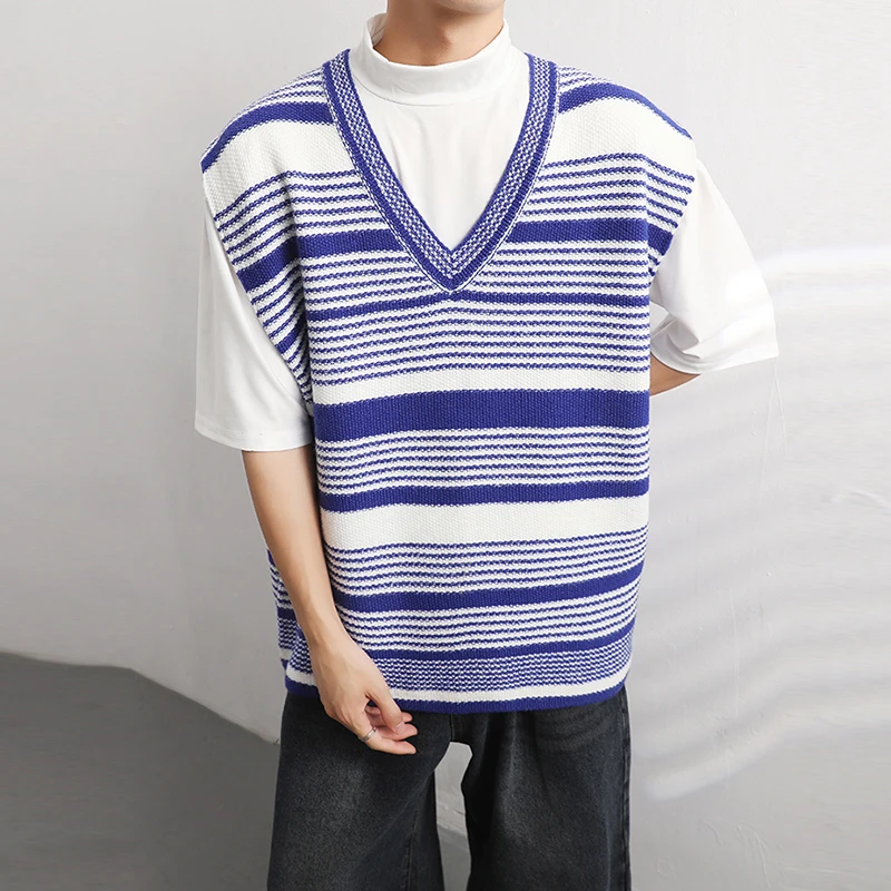 Autumn Clothing Men's Striped Knit Vest Sweater Fashion Patchwork V Neck Sleeveless Loose Stylish Vintage Leisure Knitwear M-2XL