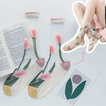 여성용 초박형 시스루 스타킹, 하라주쿠 짧은 양말, 레트로 플라워 신축성 긴 귀여운 양말, 여름 패션, 3 켤레
