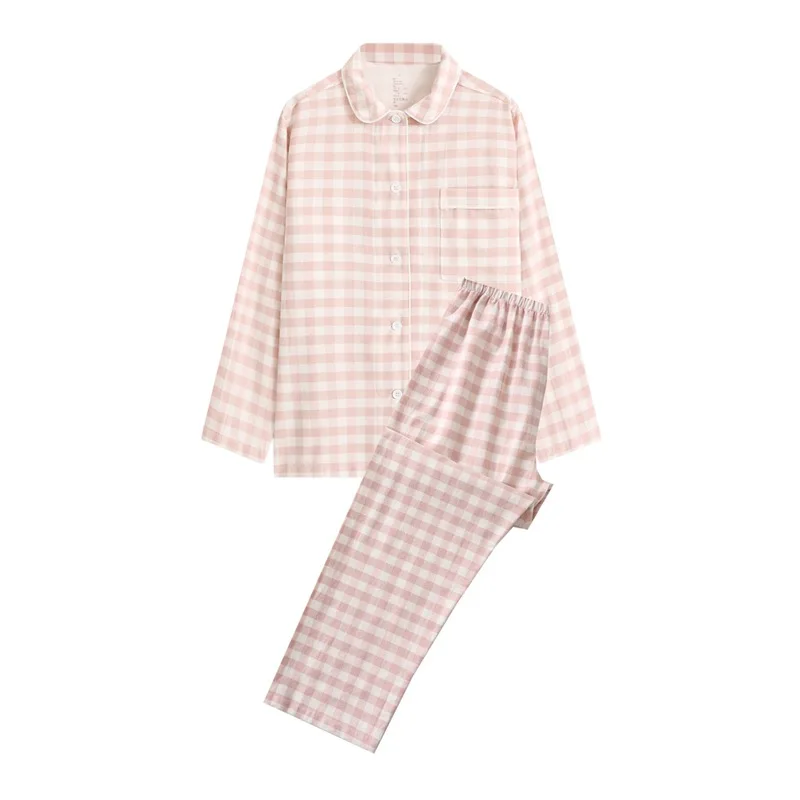 Lässige karierte Pyjama-Sets für Damenmode Langarm-Hosenanzug 100% Baumwolle Herbst Winter Nachtwäsche Pijama Damen Hauskleidung – Detail 4