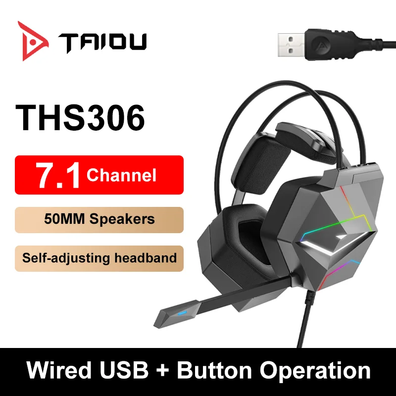 

TAIDU THS306 7.1 Sound Channel Over-Ear Headphones Gaming Headset 2M Wired RGB Stereo Earphones with Mic 50MM loudspeaker For PC