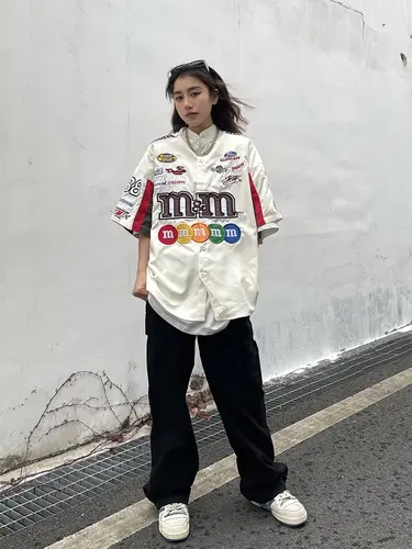 아메리칸 레트로 자수 야구 셔츠, 하라주쿠 힙합 반팔 셔츠, 캐주얼 패션 유니폼 셔츠, 빈티지 스트리트웨어 4