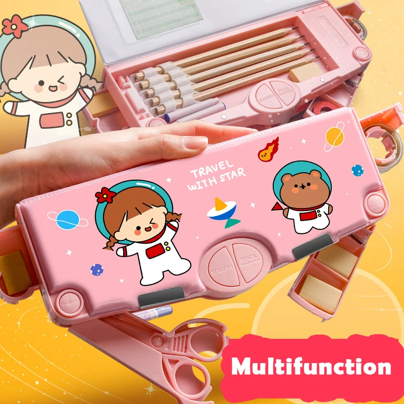 Space Astronaut Portable Pencil Box Cute Cartoon Children's Multifunctional Stationery Box Automatic Storage School Gift,pencil cases,stationery box