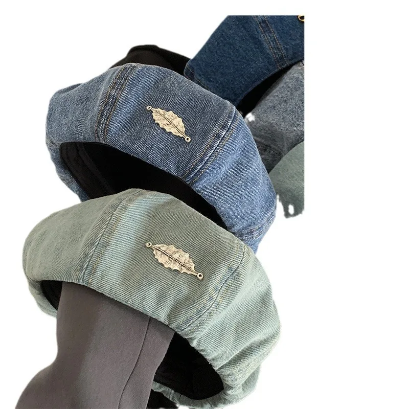 Bow Washed Denim Light Blue Beret Womens Spring and Autumn Korean Version Versatile Hat Cloud Bud Octagonal Hat Trend