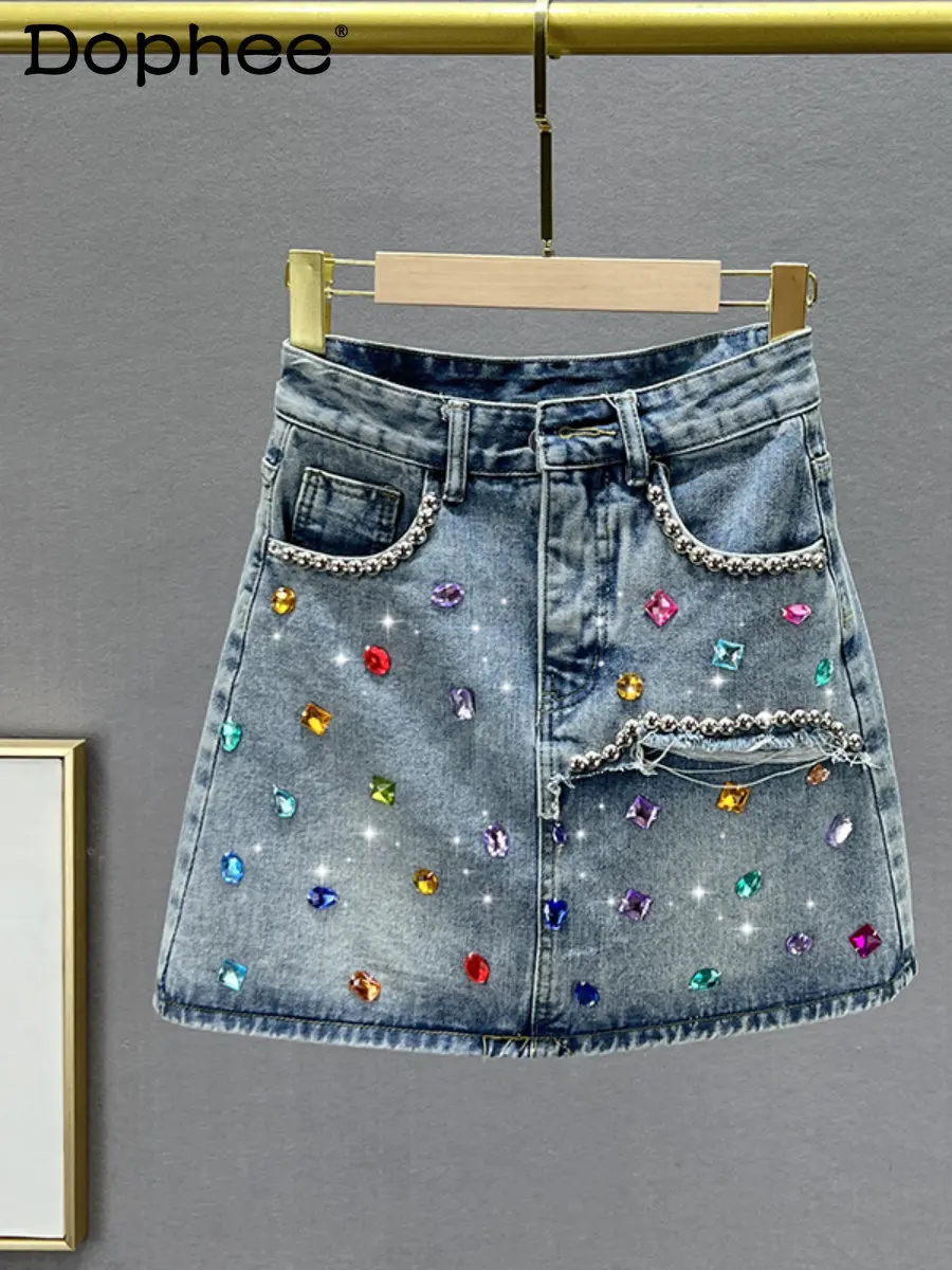 

Heavy Industry Colorful Crystals Short Denim Skirt Women 2023 New Summer High Waist Slimming Fake Ripped Sheath Mini Skirt Falda