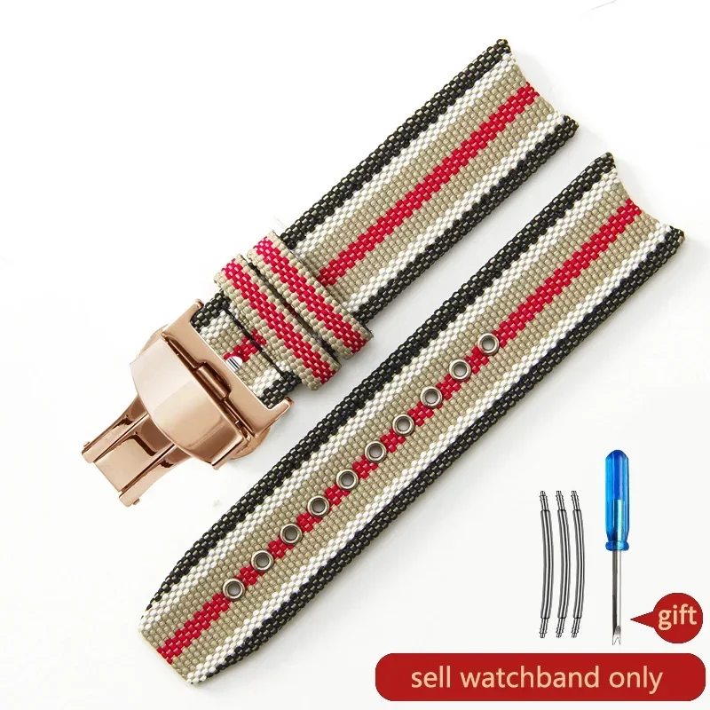 Men's Genuine Leather Cowhide Stripe Watch Strap in Nylon Canvas with Fold Buckle, 22mm