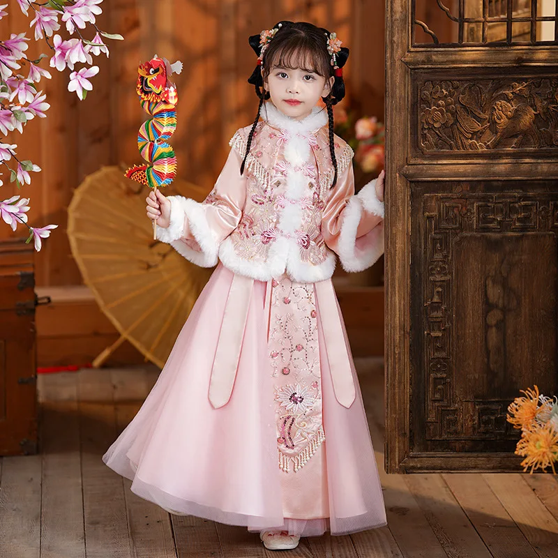 Children Cute Beads Embroider Ancient Hanfu Princess Dress Kids