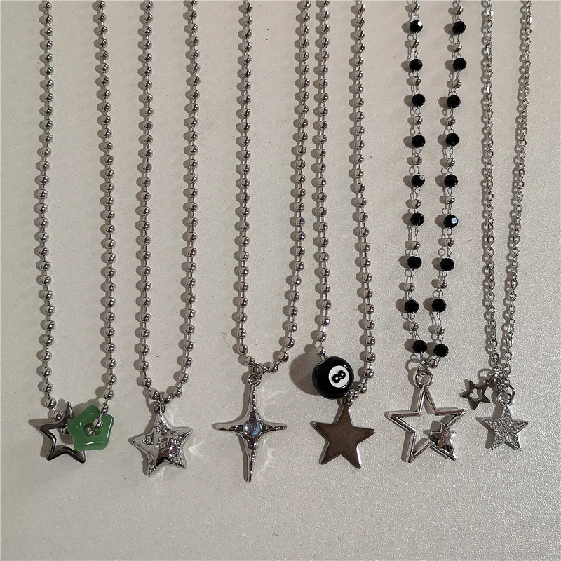 ☆【VINTAGE HOLLYWOOD】☆Texture Star String Necklac.e☆ Trendy Vintage Punk Silver Color Star Pendant Bead Necklace