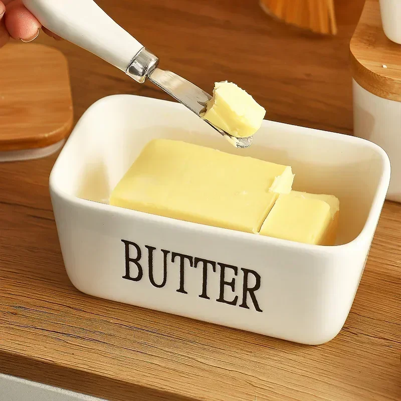 Butter Container Ceramic Box Restaurant Sealed Storage Box Cheese Boxwith Knife Butter Slicer Dish Tableware