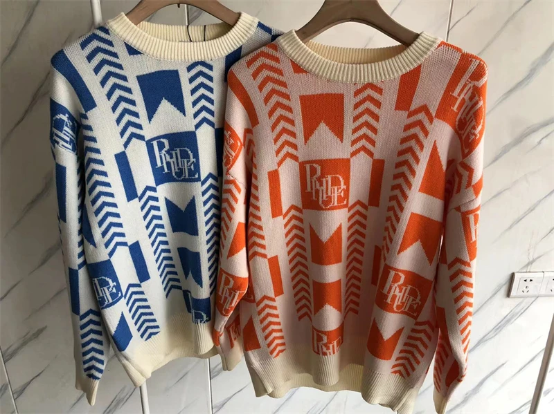 

Top Version Round Neck Rhude Knit Jacquard Sweater Men Women Casual Sweatshirts Harajuku