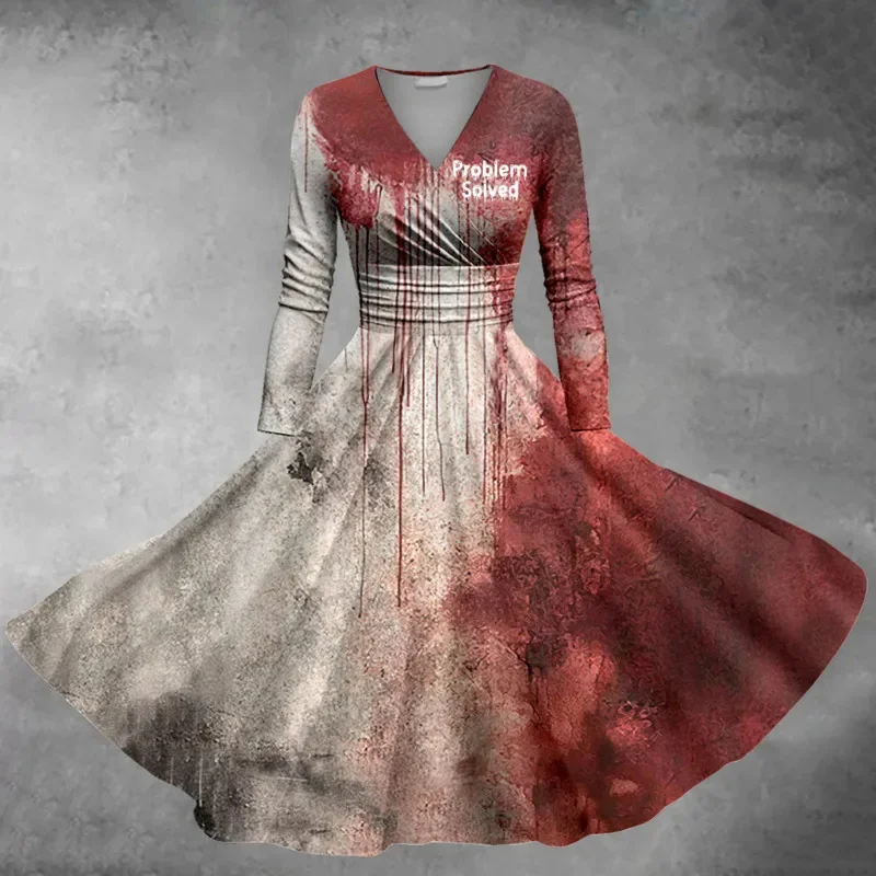 Halloween V Collar Long Sleeved Dress Terror Blood Handprints Bloodstains Leisure Slimming Outdoor Cosplay Clothing