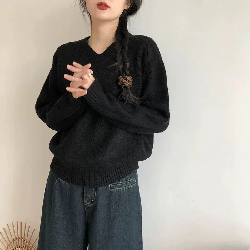 Autumn/Winter New Cashmere Sweater Women's V-Neck Knitted Pullover 100% Pure Wool Thick Tops Casual Loose Fashion Korean 4