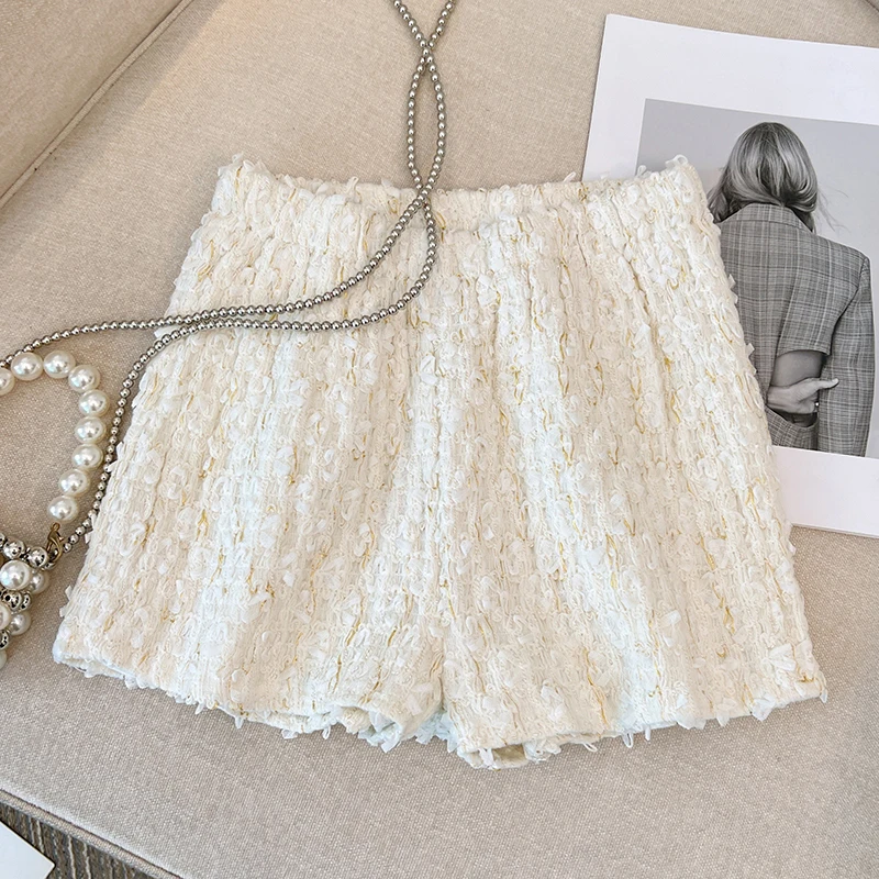 Vintage 2023 Autumn Winter New High Waist Elastic Waist Texture Shorts with Pocket Woman Fashion Elegant Y2K Shorts Girls Beige
