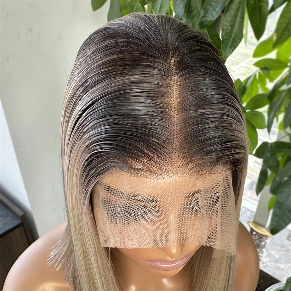 Heat Resistant Fiber Synthetic Short Wig Ash Blonde Colored Silky Straight Wig with Dark Roots Lace Front Wigs for Women Daily