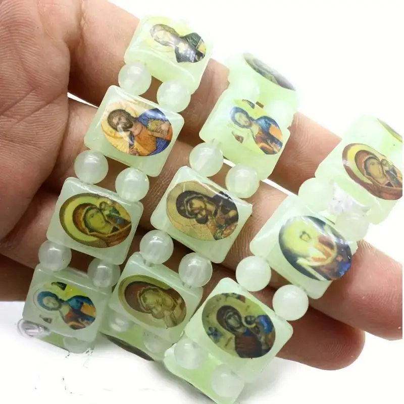 PVC 기도 묵주 팔찌 예수와 성모 마리아 PVC 묵주 팔찌 탄성 밴드 포함 종교 이미지 스티커 팔찌