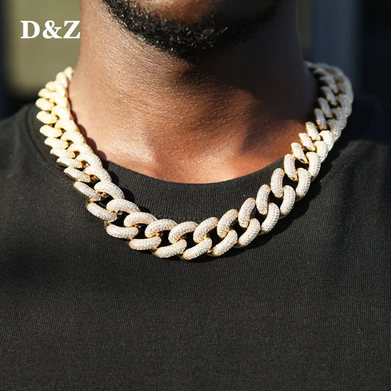 

D&Z New 19mm Prong Cuban Link Chain Spring Buckle Iced Out Cubic Zircon Stones With Solid Back For Men Hip Hop Jewelry