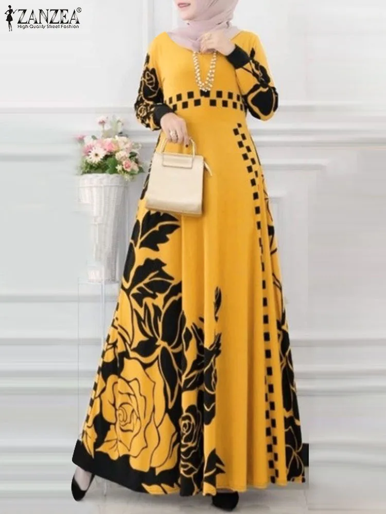 

2023 ZANZEA Women Vintage Floral Printed Sundress Autumn Long Sleeve Casual Muslim Maxi Dress Abaya Hijab Vestido Islamic Cloth