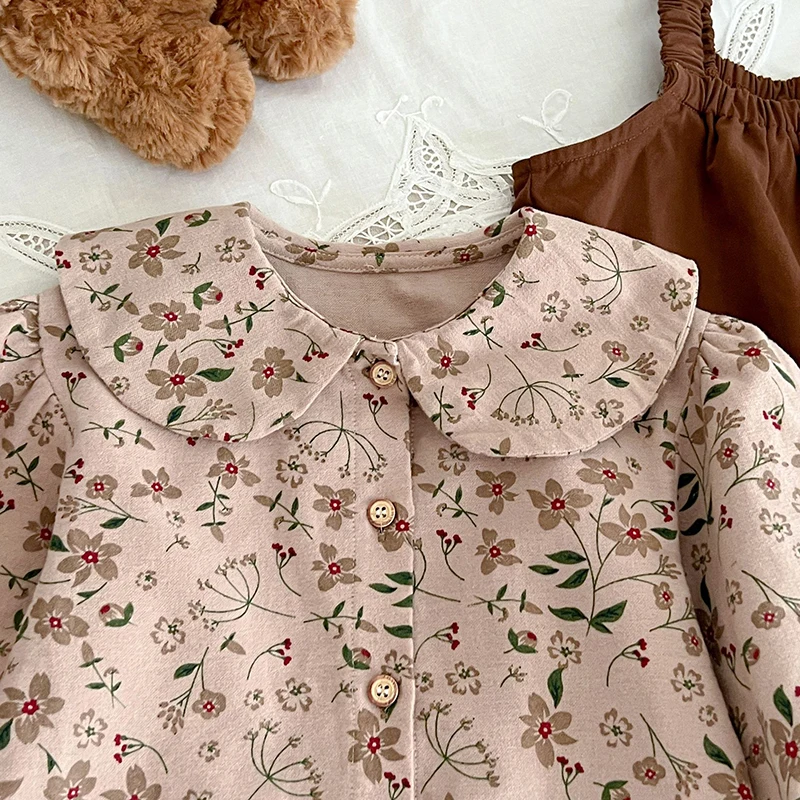 Infant Kids Baby Girls Long Sleeve Printing Shirt + Strap Pants Clothing Sets Autumn New Baby Girls Children's Clothes Suit
