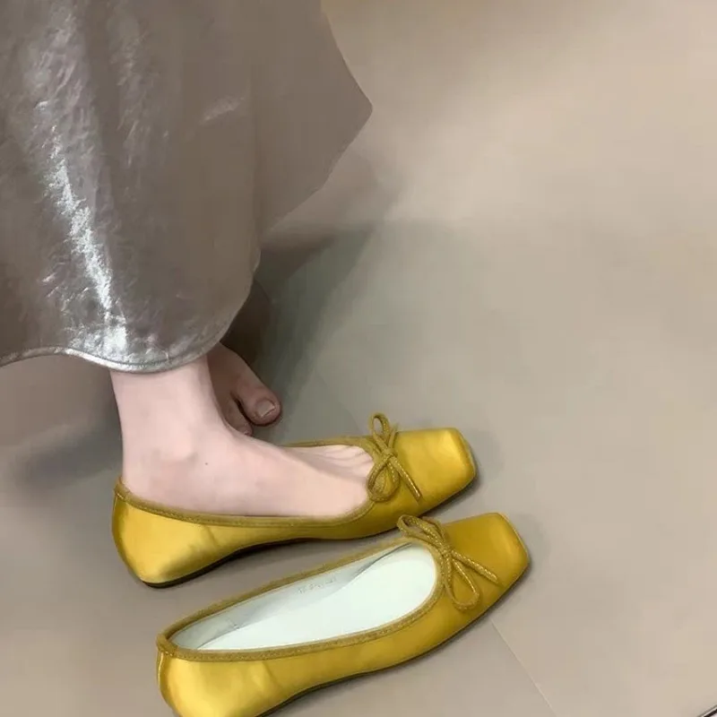 2025Breathable Silk Ballerinas Ballet Flats Women Summer Autumn Slip On Loafers Square Toe Bowknot Flat Casual Shoes 3