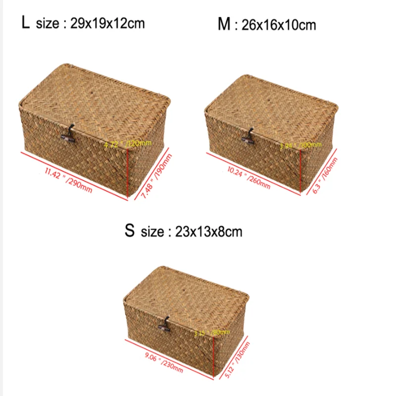 WHISM-Wicker Woven Storage Basket with Lid, Rattan Sundries Storage Box, Handmade Sorting Boxes, Seagrass Jewelry Organizer 6