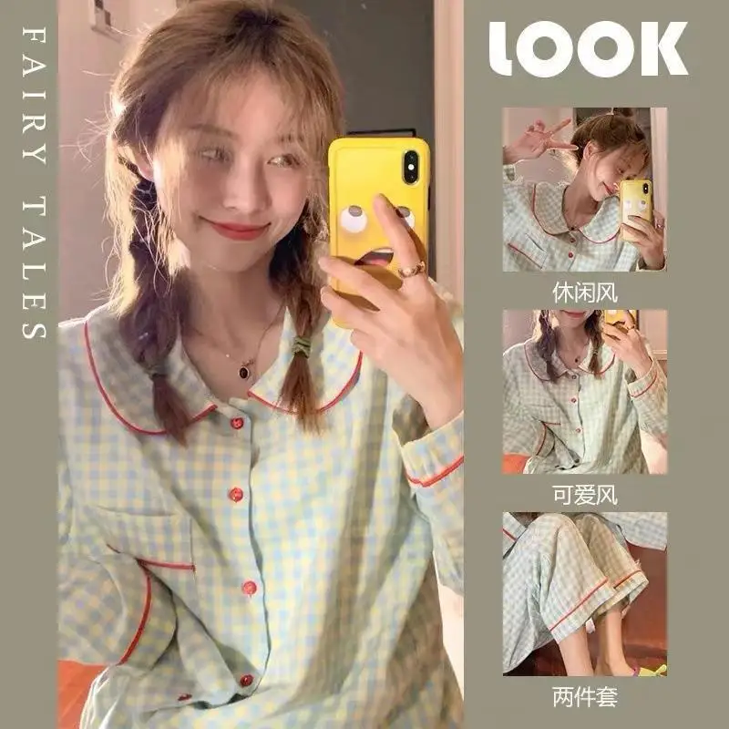 

New Spring and Autumn Pajamas Women's Long Sleeve Two-piece Set Plaid Sweet and Cute Ins Style Homewear Suit