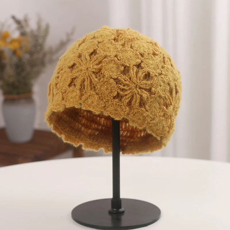 Chic Knitted Hat Winter Women's Retro Literature Art Crochet Flower Hollow Out Cap Women Fashion Beret Woolen Cap Japanese Style 3