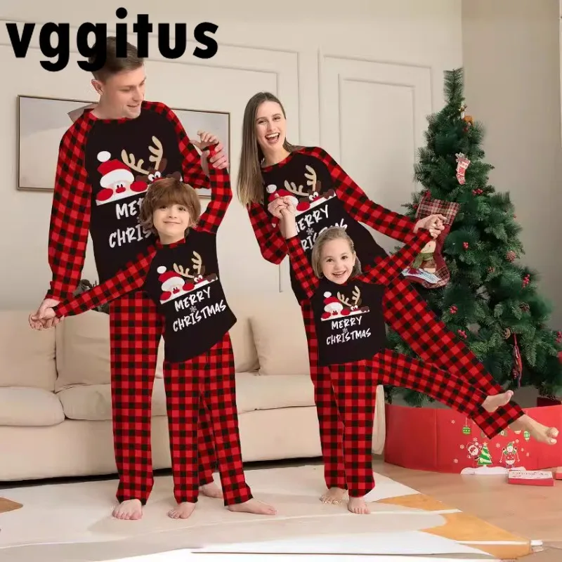 Christmas Elk Print Red Plaid Pajama Set Family Matching Long Sleeve ...