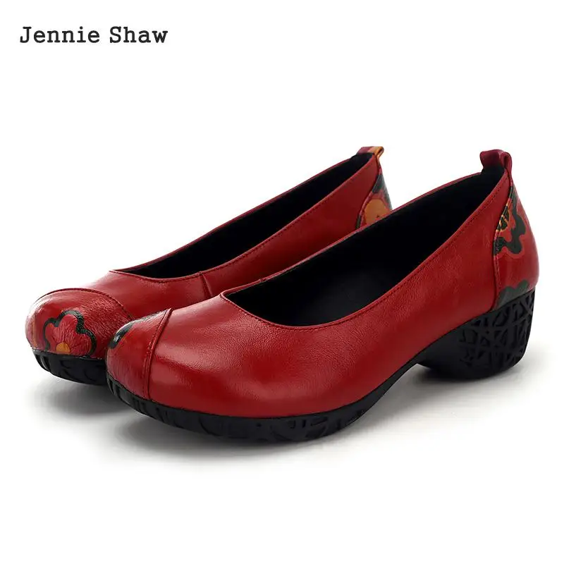 

Women Low Heel Red Black Flower Comfortable Leather Shoes