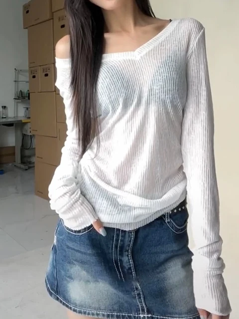 Women Long Sleeve T Shirt Thin Perspective Summer Solid Slim Casual Shirts Female Pullovers Basic Tee Y2k Clothes Streetwear Top 5